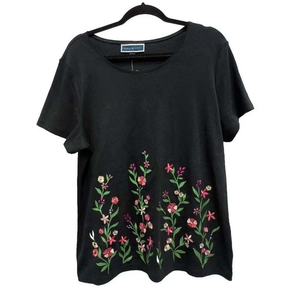 Karen Scott Top Womens XL Black Floral Embroidered Short Sleeve Casual NWT